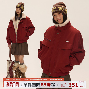 江南先生NewJNXS 立领座山雕防风宽松红色棉服外套冬 费尔岛之夜