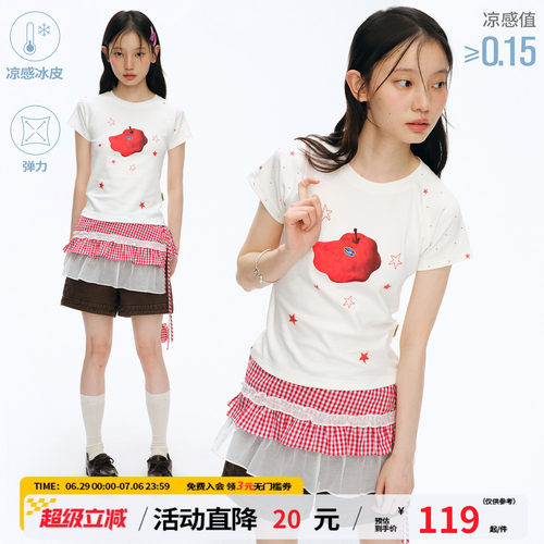 江南先生NewJNXS凉感冰皮苹果烫画星星印花短袖夏季修身插肩T恤女