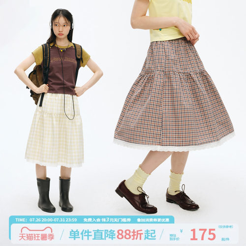 江南先生NewJNXS海盐焦糖格纹蕾丝拼接裙夏季甜美松紧腰半身裙女