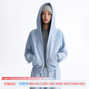 江南先生NewJNXS哈苏线条纹针织连帽开衫logo刺绣卫衣套装女短款