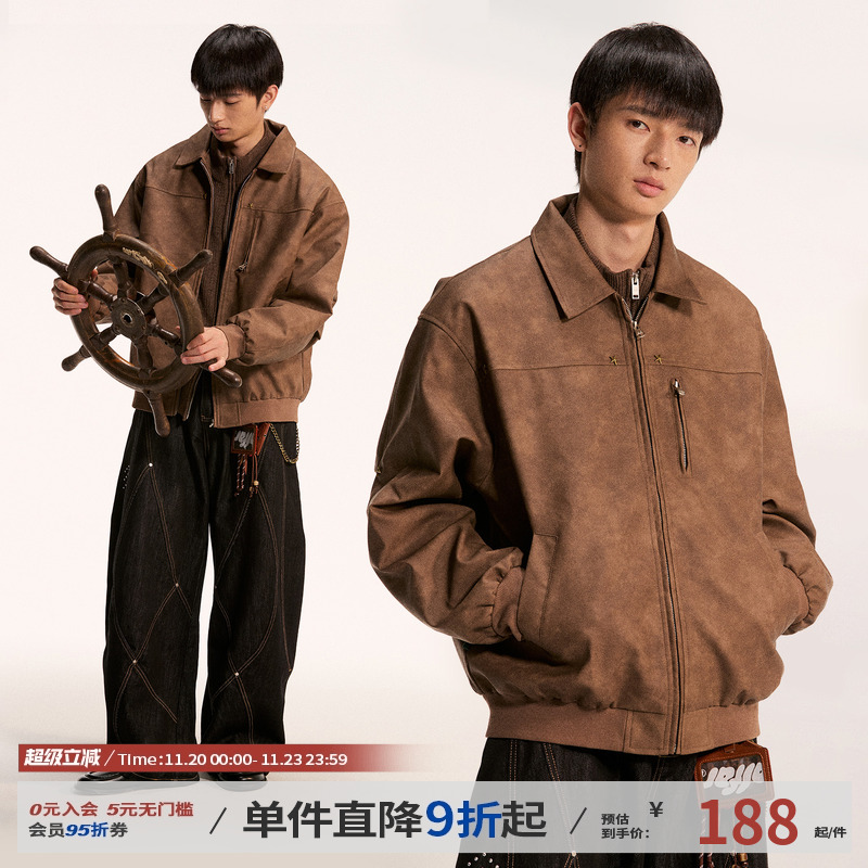 江南先生NewJNXS复古耐磨五角星铆钉皮衣秋男女正肩分割夹克外套