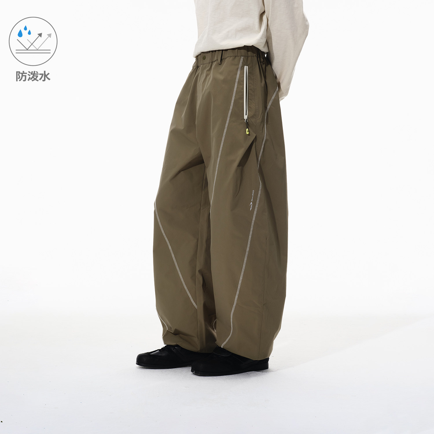 江南先生NewJNXS防泼水撞色拉链斜纹梭织裤秋反光印花阔腿弯刀裤图片