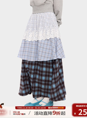 江南先生NewJNXS复古格纹蓝色蕾丝拼接半身裙春秋女长款格子半裙