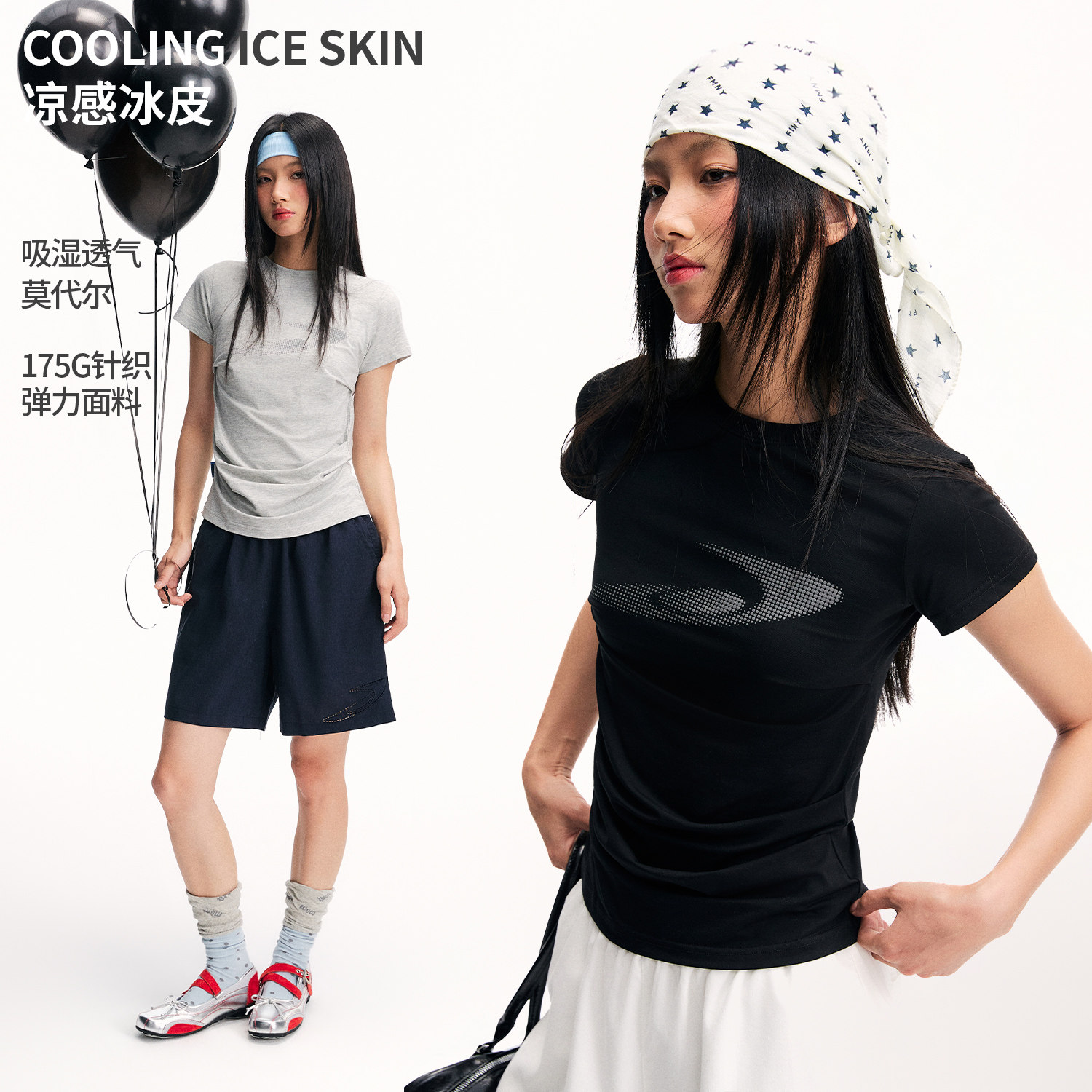 江南先生NewJNXS莫代尔凉感冰皮发泡印花T恤夏季修身正肩短袖女图片