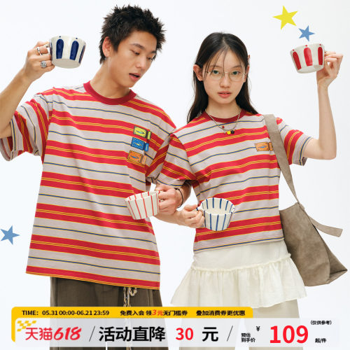 江南先生NewJNXS'星际船票'纯棉复古条纹T恤夏宽松圆领短袖情侣款