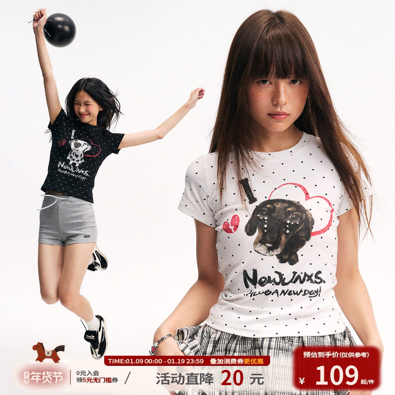 江南先生NewJNXS波点压纹狗狗流泪珍珠印花短袖弹力修身短款T恤女