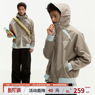 江南先生NewJNXS美式 格纹梭织撞色绣花外套春宽松可调节连帽夹克