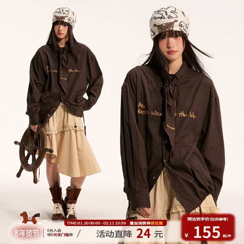 江南先生NewJNXS可拆卸领巾复古格纹长袖衬衫秋情侣款百搭外套,男装,衬衫,淘宝优惠券,粉丝福利购,淘宝优惠卷