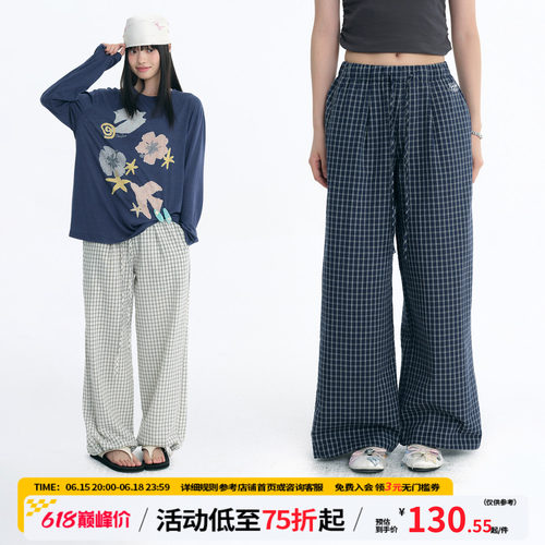 江南先生NewJNXS复古文艺泡泡纱刺绣格子裤夏季轻盈透气休闲裤女