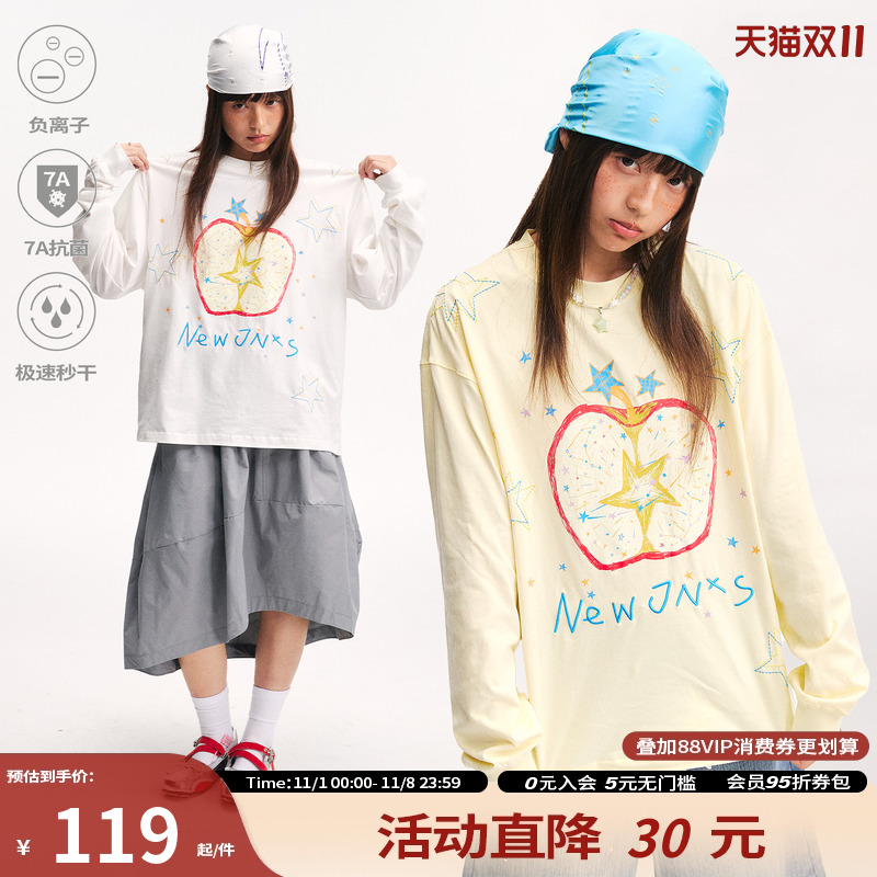 江南先生NewJNXS苹果刺绣长袖T恤男女速干抗菌纯棉宽松休闲上衣秋