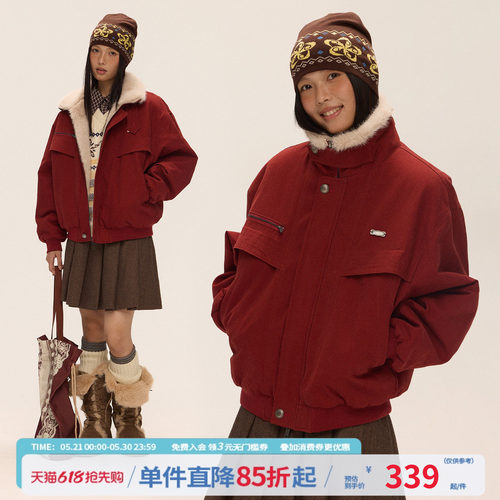 江南先生NewJNXS'费尔岛之夜'立领座山雕防风宽松红色棉服外套冬