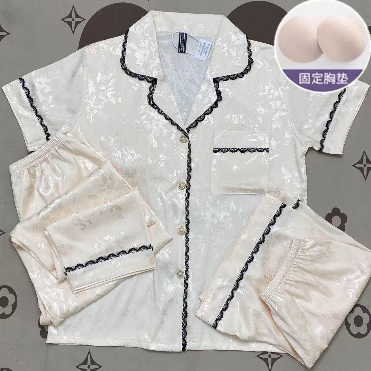 带胸垫冰丝睡衣女夏季短袖凉感三件套装大码韩版蕾丝家居服可外穿