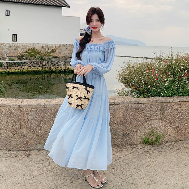 浅蓝色法式减龄木耳边连衣裙女2025年夏季新款温柔风一字肩A字裙,女装连衣裙,2D084