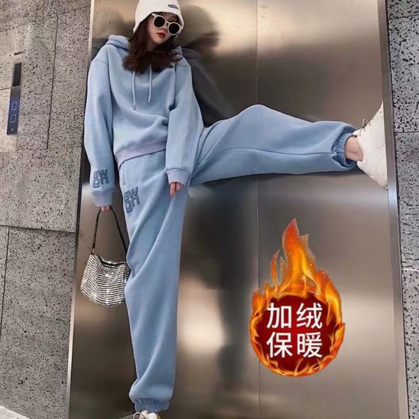 春秋季运动套装女加绒加厚冬装宽松韩版学生卫衣休闲两件套跑步服