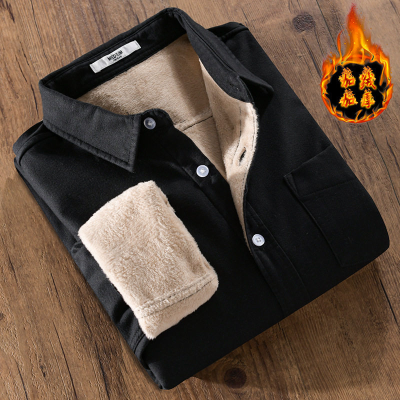 日系加绒休闲长袖衬衫男士秋冬装