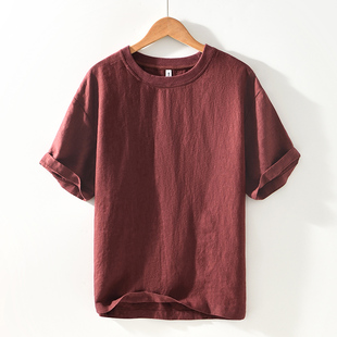 高端雨露纯亚麻圆领短袖T恤麻布男装100%全麻布料百搭体恤衫夏装t