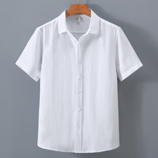 夏季天丝亚麻衬衫男短袖宽松日系麻料上衣休闲百搭透气白工装衬衣