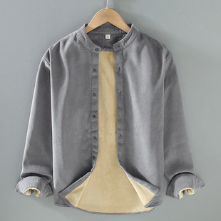 秋冬季男士立领长袖全棉灯芯绒衬衫加绒加厚保暖衬衣条绒打底衫男