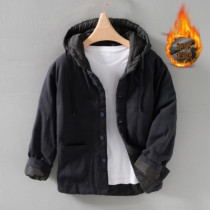 2024冬装男士连帽棉衣棉服宽松保暖麻料上衣中式棉袄国潮亚麻外套