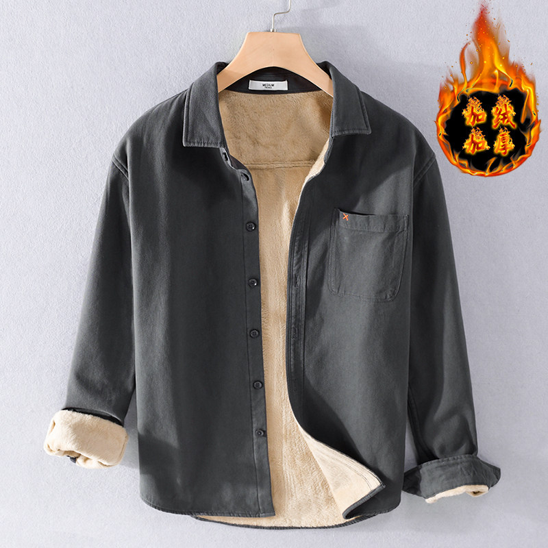 日系加绒休闲长袖衬衫男士秋冬装加厚保暖纯棉打底衬衣免烫寸衫潮