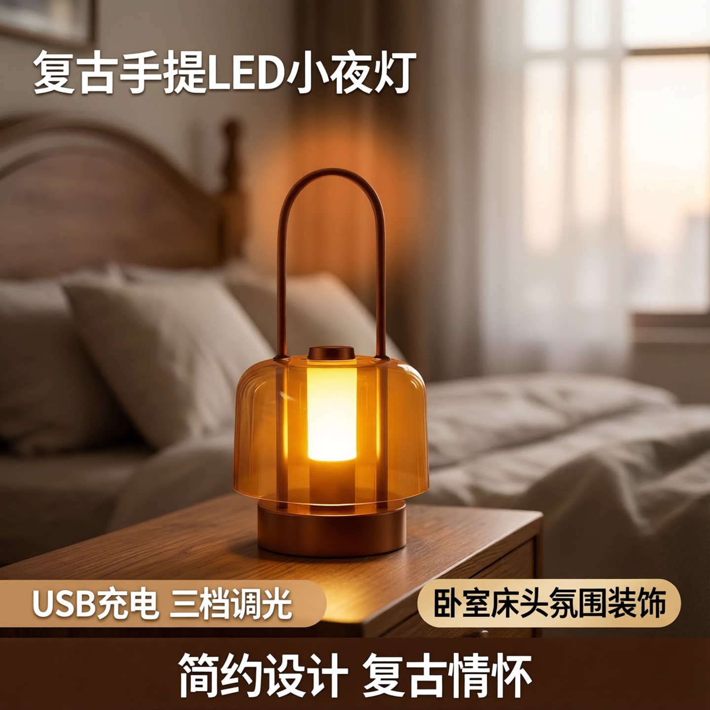 复古便携式手提式LED小夜灯USB充电三档调光卧室床头氛围装饰台灯