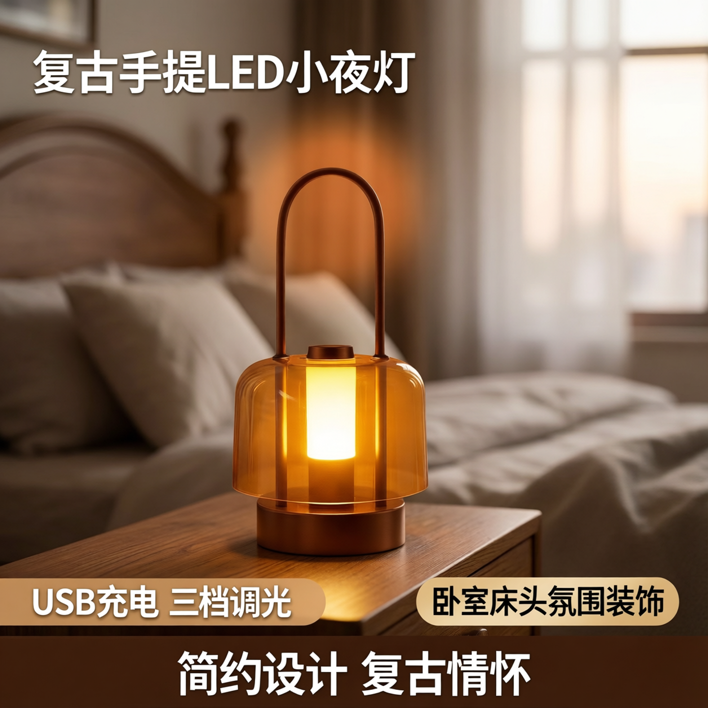 复古便携式手提式LED小夜灯USB充电三档调光卧室床头氛围装饰台灯