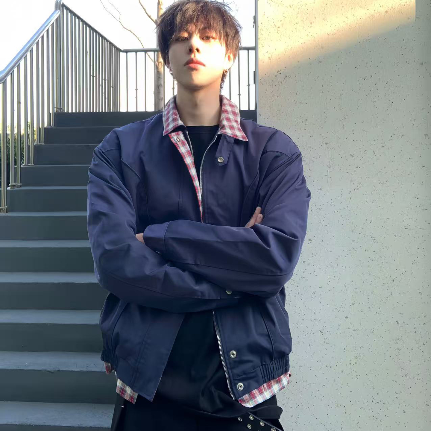 GENTNOBKIN 25FW格纹哈灵顿夹克结构型假两件老钱风宽松翻领外套