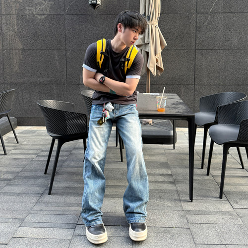 GENTNOBKIN 25SS爆裂纹牛仔裤男士经典重水洗直筒微喇阔腿百搭潮 - 封面