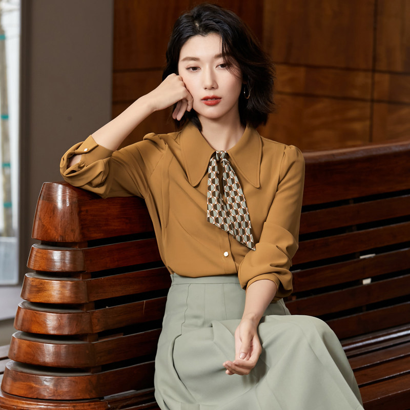 曼贝衬衫女高级感2026春秋新款法式复古长袖雪纺上衣宽松时尚衬衣