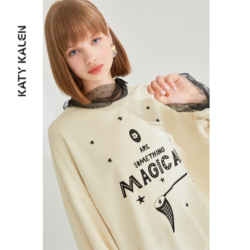 满378.00元可用189元优惠券kk2019初秋季新款 宽松韩版慵懒风上衣蕾丝拼接印花套头卫衣女生