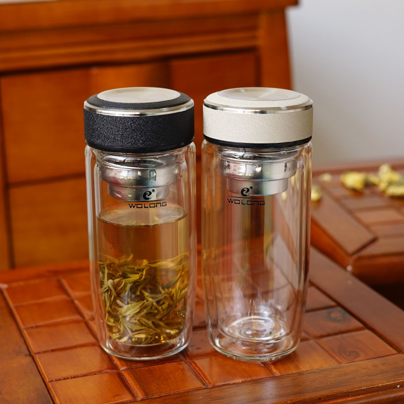 卧龙双层男士茶杯新款个人专用玻璃杯办公室泡茶水杯子简约商务