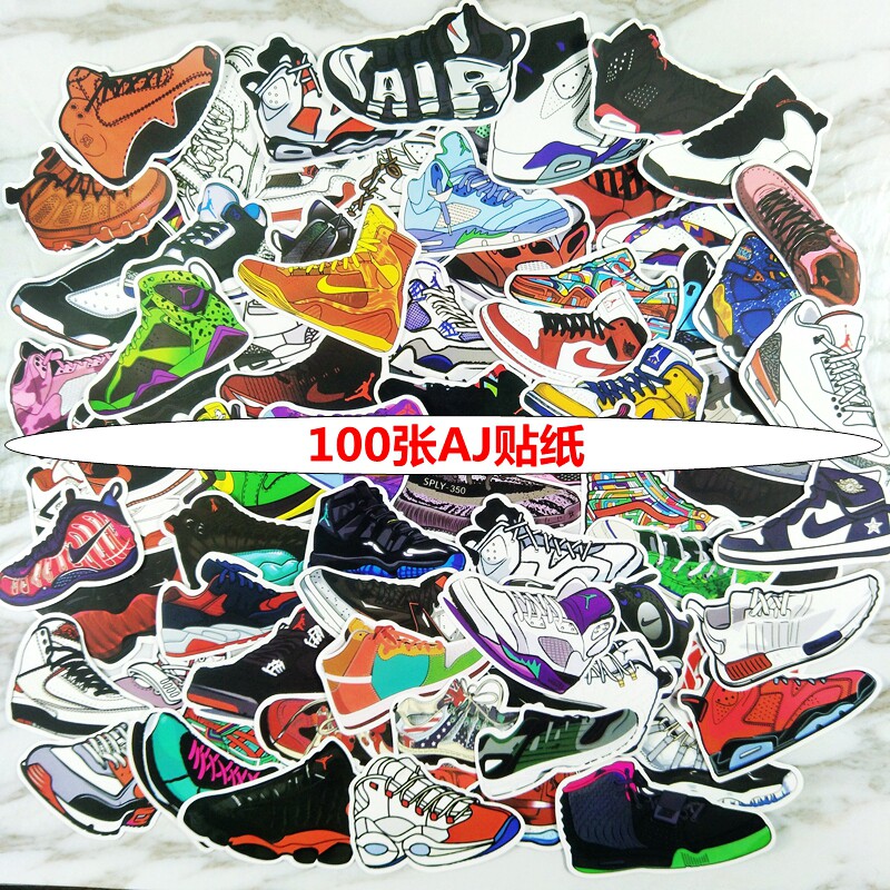100张AJ/aj球鞋潮牌防水行李箱拉杆箱滑板吉他笔记本电脑手机贴纸