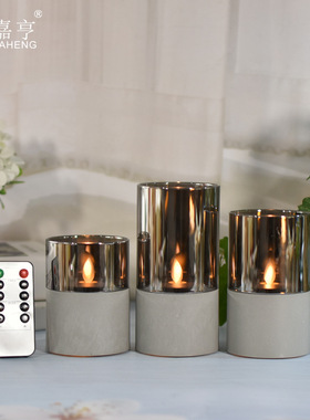 轻奢创意LED电子蜡烛浪漫家居仿真水泥烟灰色玻璃罩蜡烛灯小夜灯