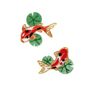 新款红色锦鲤刺绣布贴小鱼补丁贴衣服裤子金丝绣花标卡通章仔布贴