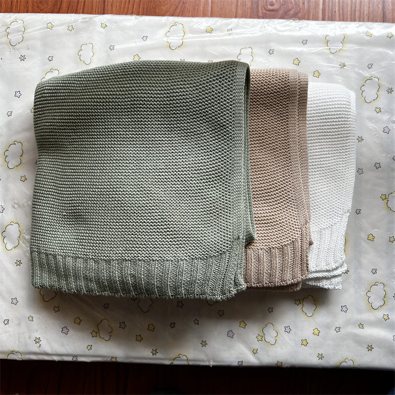 INS风婴儿针织毯子纯棉盖毯四季通用宝宝新生儿螺纹边抱毯柔软