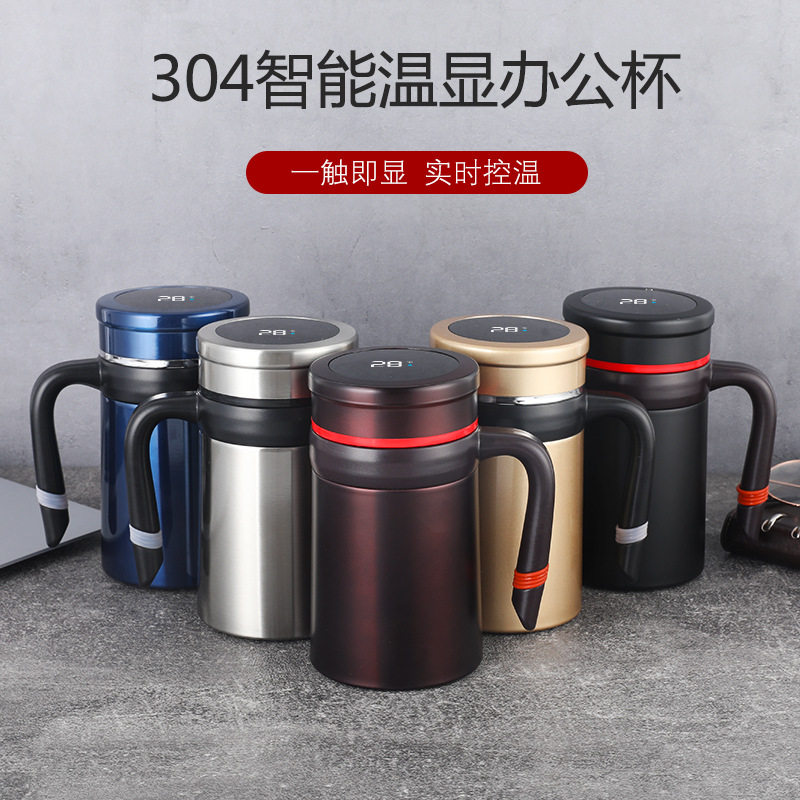 LED显温智能商务保温泡茶办公杯304不锈钢定制礼品带手柄马克杯
