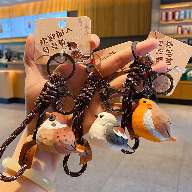原创树脂木雕风小鸟钥匙扣可爱创意精致珍珠鸟情侣钥匙链包包挂件