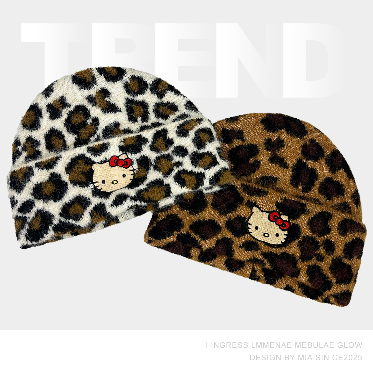 韩版豹纹刺绣kitty猫针织帽女秋冬套头冷帽简约百搭保暖毛线帽子