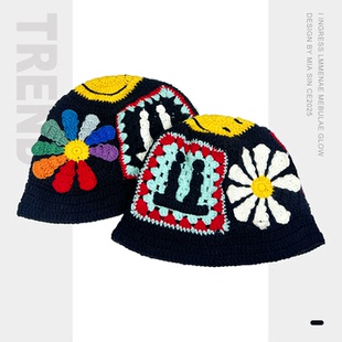 GD权志龙演唱会同款手工钩织雏菊笑脸渔夫帽女大头围美式盆帽男潮