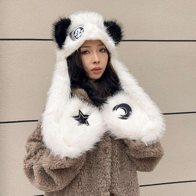 可爱卡通二次冬季手套围巾一体帽