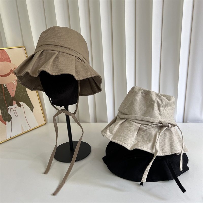 日系百褶边夏季亚麻渔夫帽绑带透气盆帽显脸小遮阳帽防紫外线帽子