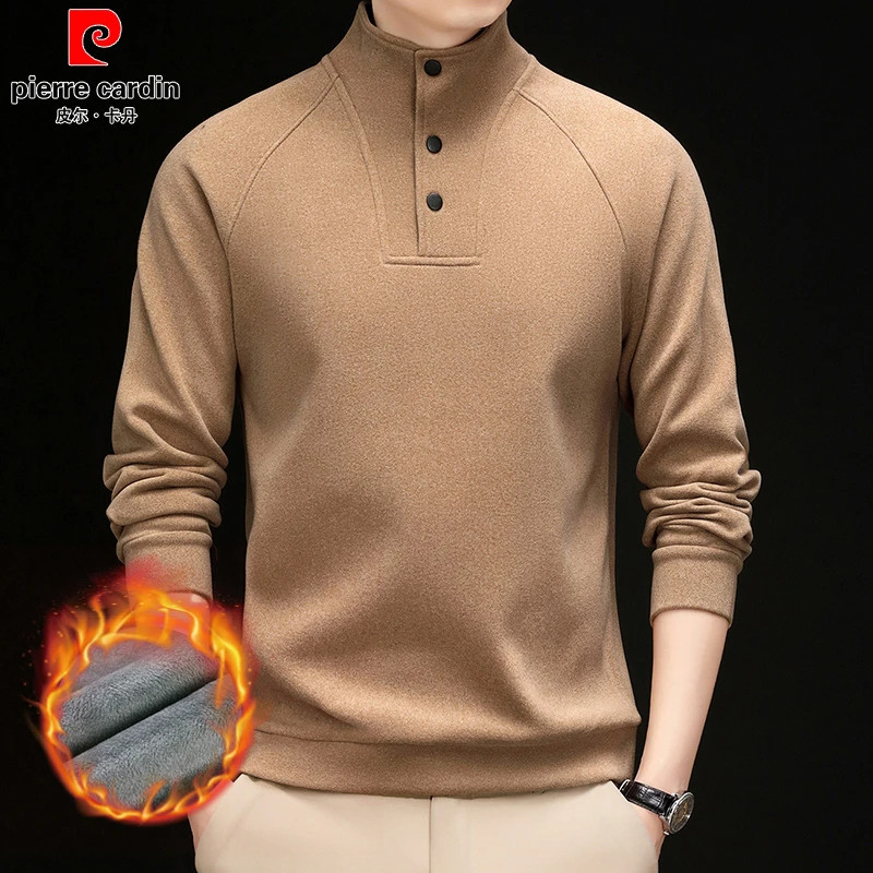 皮尔卡丹冬季新款男士加绒加厚卫衣半高领德绒长袖T恤保暖打底衫