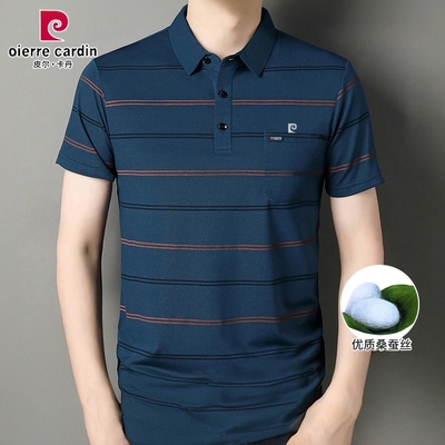 皮尔卡丹夏季桑蚕丝短袖T恤男士新款高档翻领真口袋条纹polo衫男