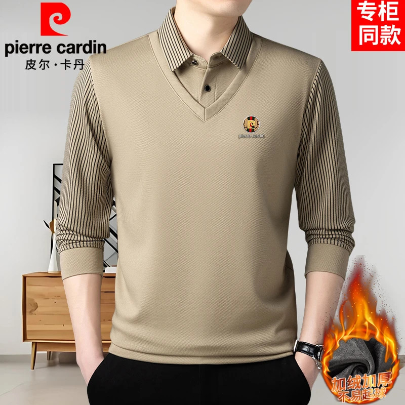 皮尔卡丹秋冬新款纯棉加绒假两件针织polo衫男士毛衣保暖长袖T恤