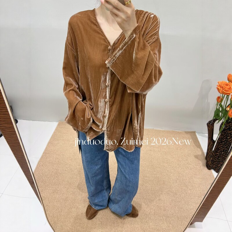 复古真丝丝绒V领衬衫女长袖