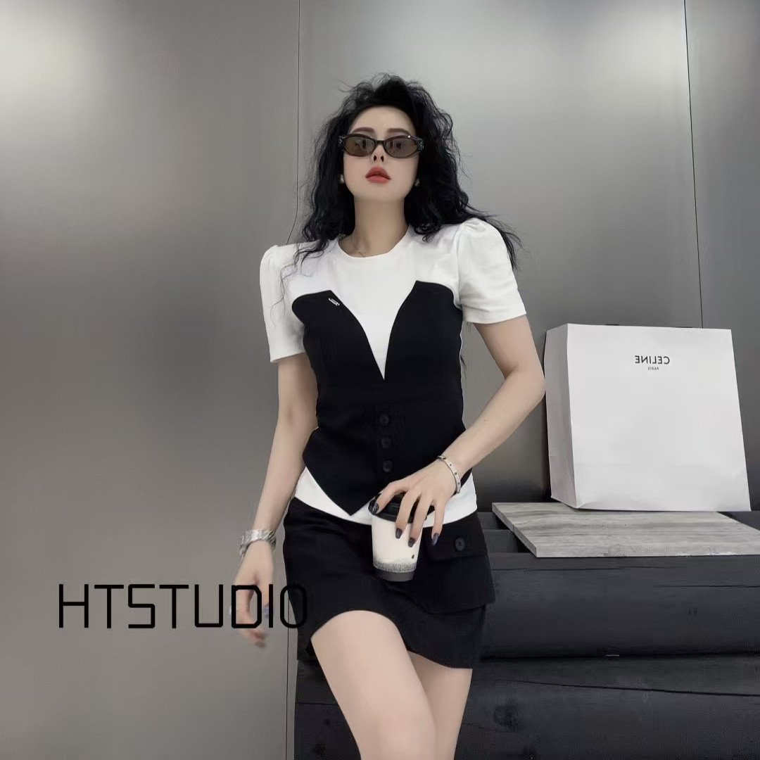 拼接撞色短袖T恤假两件上衣女