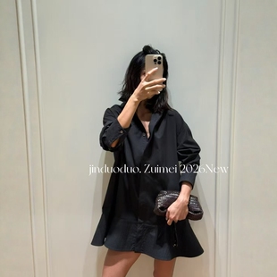 欧洲站2026秋季新款鱼尾衬衫连衣裙女长袖翻领慵懒风百搭气质短裙