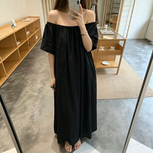 欧洲站2026夏季新款法式一字肩醋酸麻料连衣裙女宽松露肩长裙大码