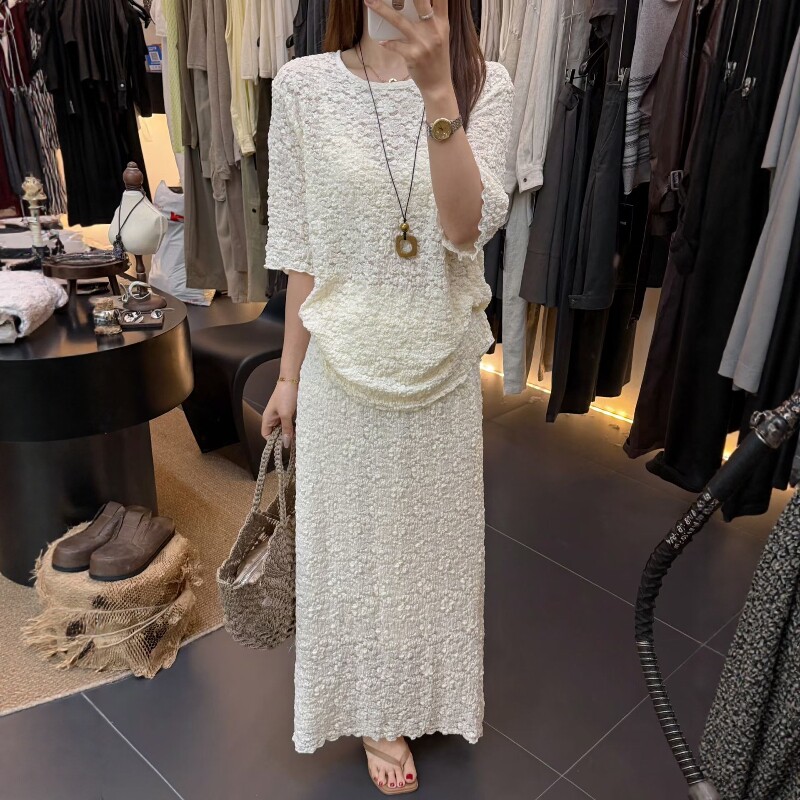 欧洲站2026夏季新款欧洲站时尚套装裙女透视感短袖上衣半身裙两件