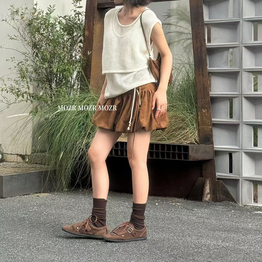 褶皱鹿皮绒半身裙蓬蓬裙